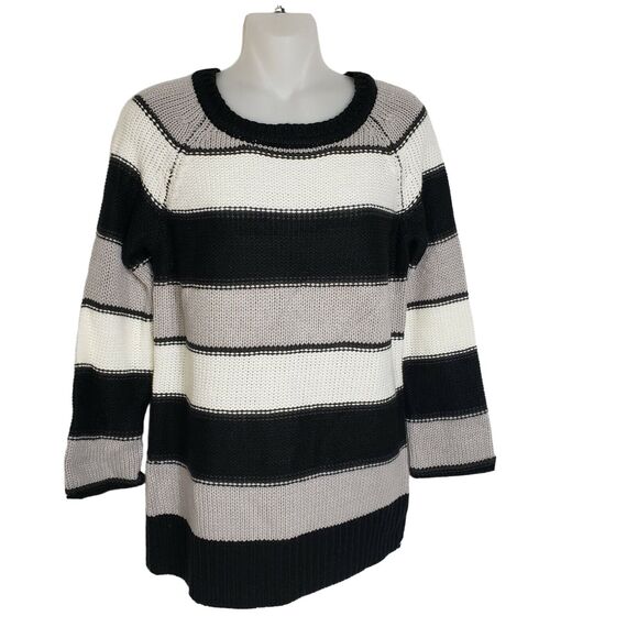 Spense Knits Womens Sweater Small Black Ivory Pullover Striped 3/4 Sleeve Crew - Picture 1 of 9